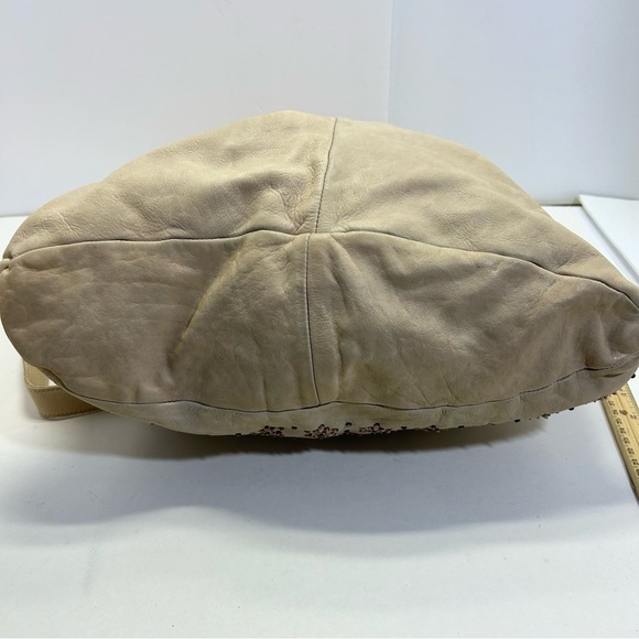 Errelleventidue Beige Italian Leather Handbag Tote Floral Print Studs Large - Picture 5 of 13